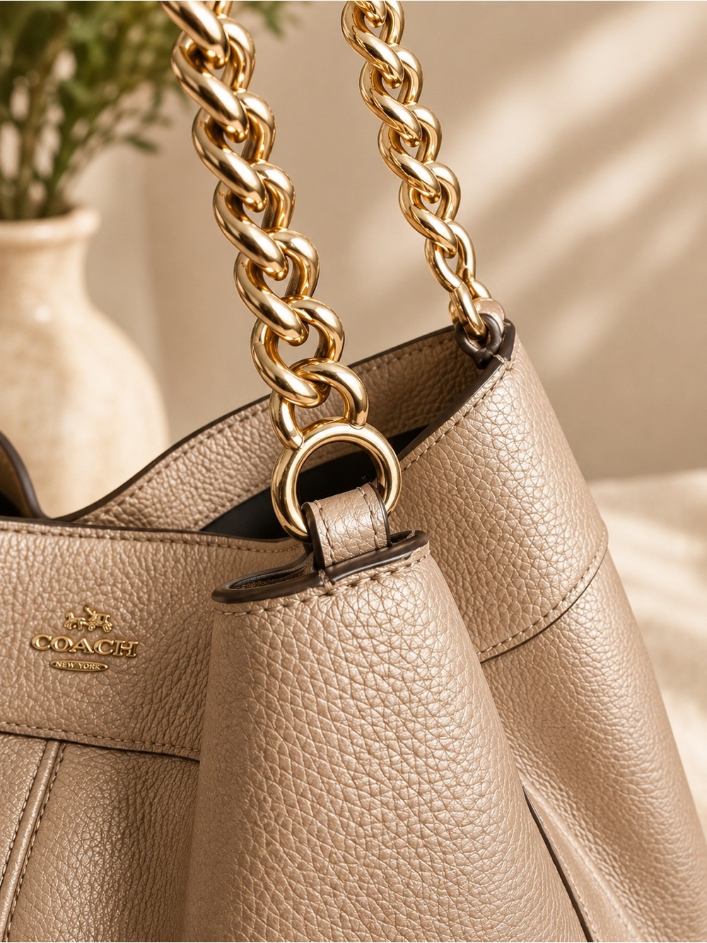 Coach Metallic Champagne Pebbled Leather Chain Shoulder Hobo Bag Gold - Picture 3 of 12